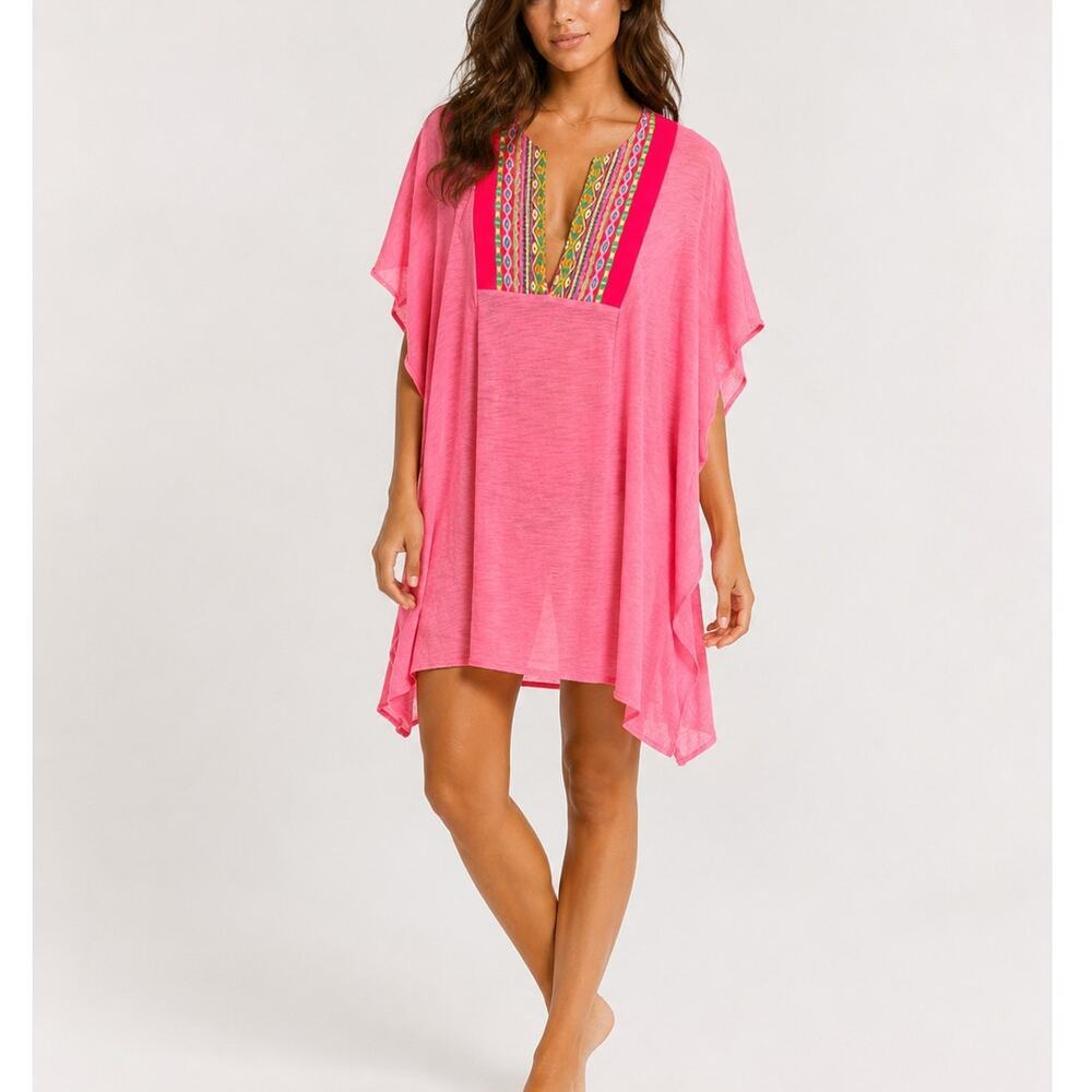 Pitusa Ruffled Embroidered Mini Cover Up Dress Pink Size Small